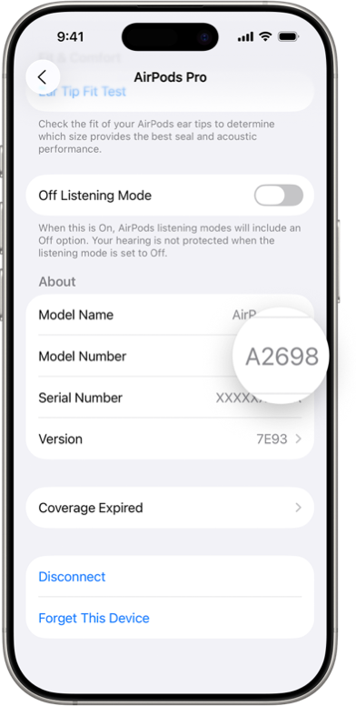 Numero di modello degli AirPods nelle impostazioni Bluetooth di un iPhone